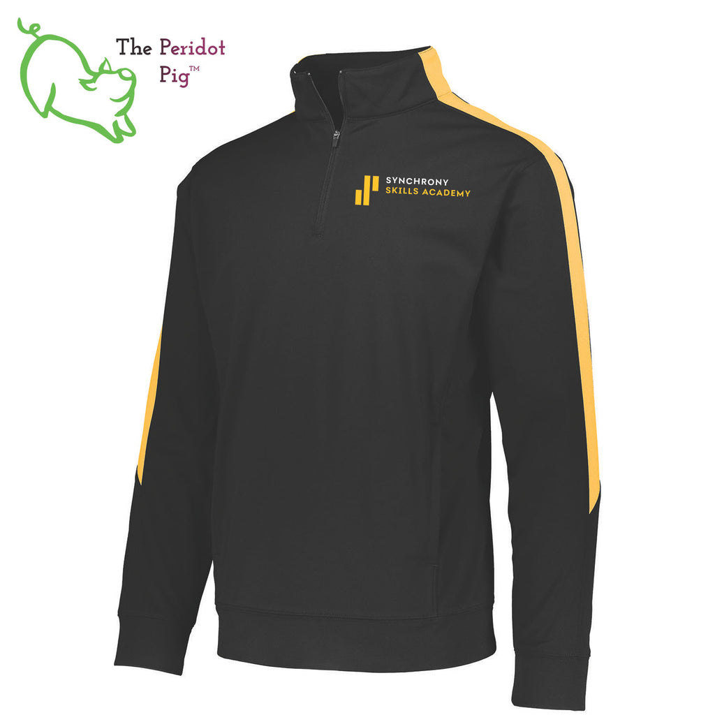 The Synchrony Financial Skills Academy Logo Augusta Medalist 2.0 long sleeve quarter-zip is cut in a stylish modern fashion. The front features a small version of the logo on the left pocket area. Front view.