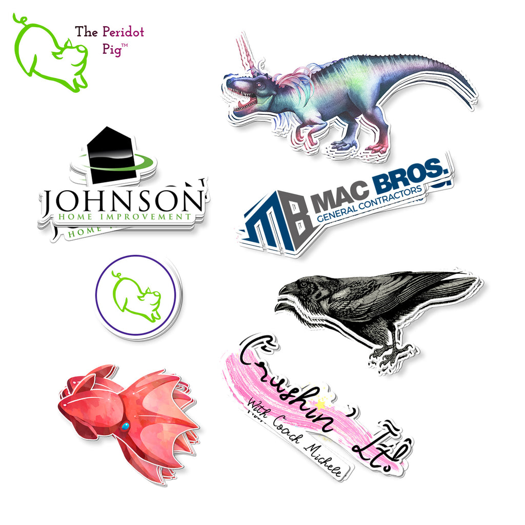 Example of stickers created by the Peridot Pig. Custom stickers can be created for your party, event or business.