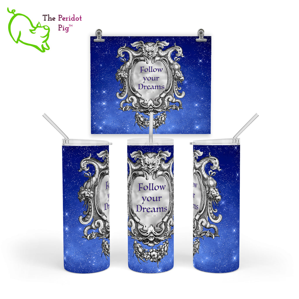If you're tail gating at a game or sitting by the fire, these 20 oz skinny tumblers are the perfect drinkware. These are made from stainless steel with a clear plastic lid and a stainless straw. The vacuum seal keeps liquids and carbonization fresh.   The design is a permanent print (not vinyl!) that is a deep blue star field with a gothic frame. Style A - Follow your Dreams