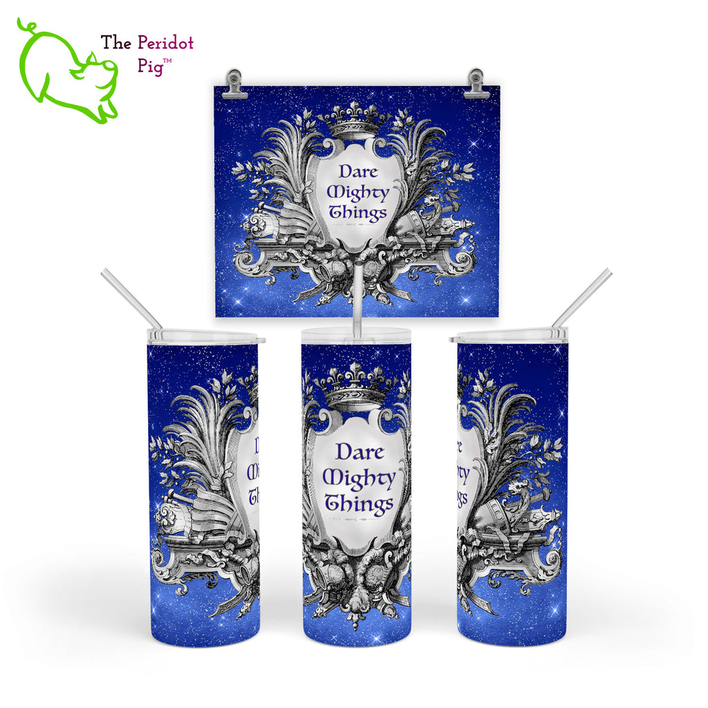 If you're tail gating at a game or sitting by the fire, these 20 oz skinny tumblers are the perfect drinkware. These are made from stainless steel with a clear plastic lid and a stainless straw. The vacuum seal keeps liquids and carbonization fresh. The design is a permanent print (not vinyl!) that is a deep blue star field with a gothic frame. Style C - Dare Mighty Things