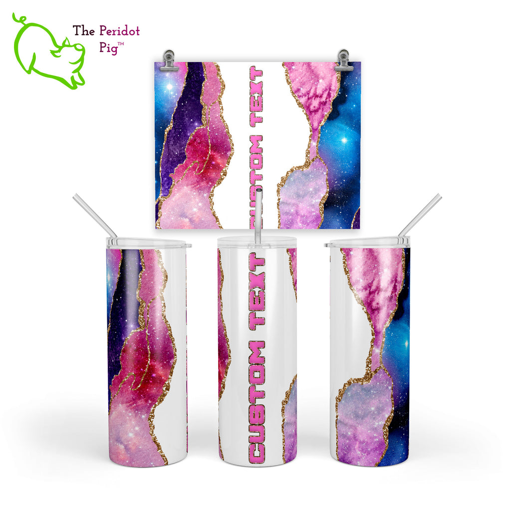 These tumblers have a vivid print featuring an "agate" design combined with a star field/galaxy theme. In addition, there's a hint of sparkle with simulated glitter borders. There's plenty of room for personalization here. Style A - Pink/Gold shown.