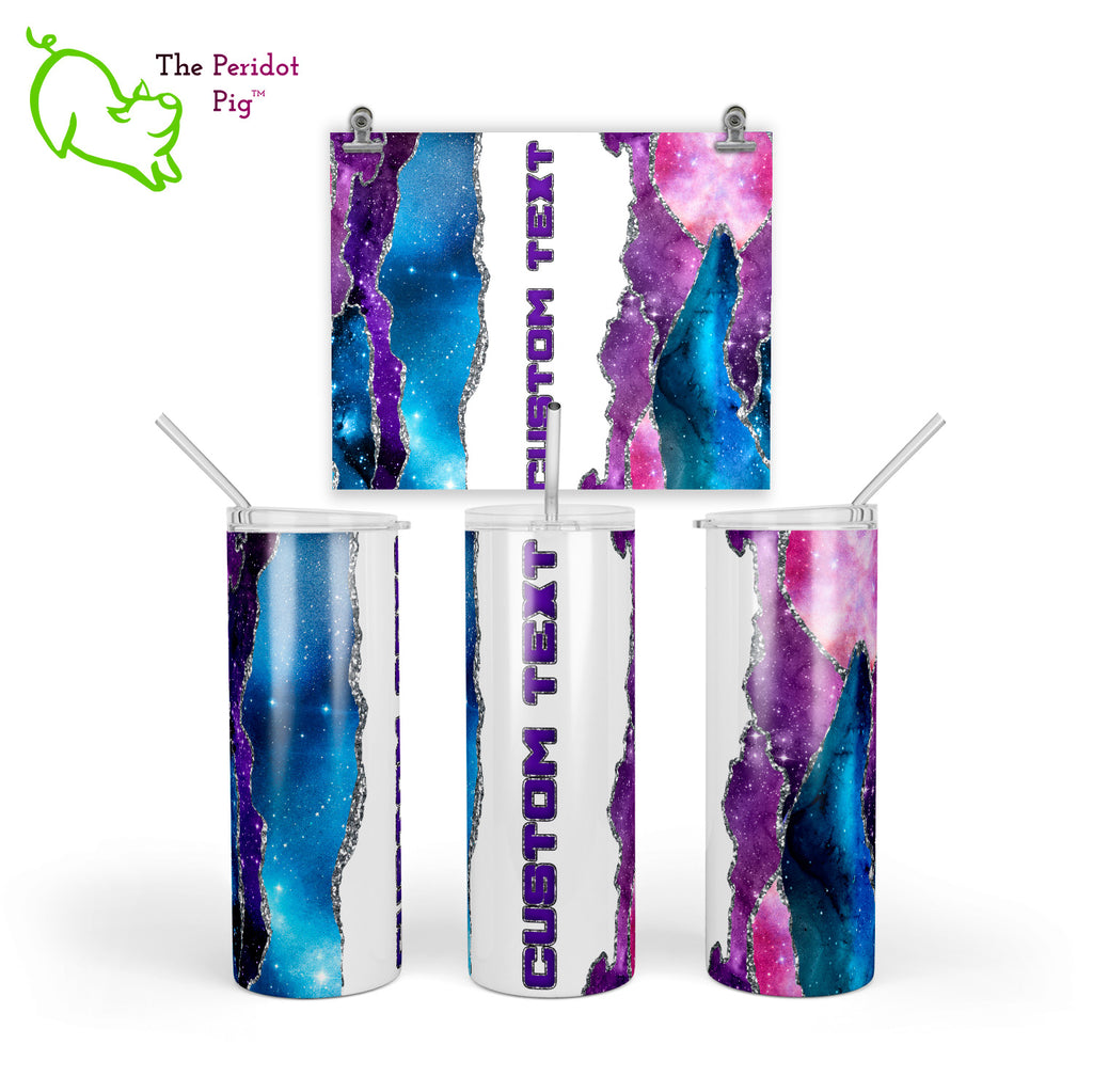 These tumblers have a vivid print featuring an "agate" design combined with a star field/galaxy theme. In addition, there's a hint of sparkle with simulated glitter borders. There's plenty of room for personalization here. Style B - Purple/Silver shown.