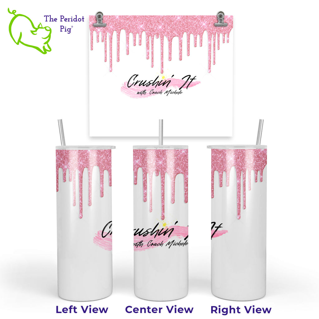 This tumbler has a vivid print featuring Coach Michele Smits' fun Crushin It! logo. In addition, there's a touch of sparkle with a simulated glitter drip border in bright pink. 