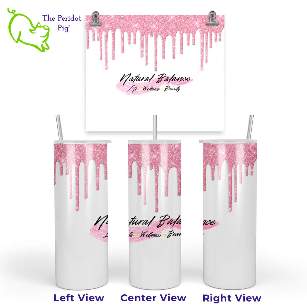 This tumbler has a vivid print featuring Coach Michele Smits' fun Natural Balance logo. In addition, there's a touch of sparkle with a simulated glitter drip border in bright pink. 