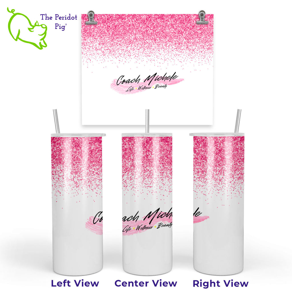 This tumbler has a vivid print featuring Coach Michele's fun pink logo. In addition, there's a touch of sparkle with simulated glitter border in a bright pink. 