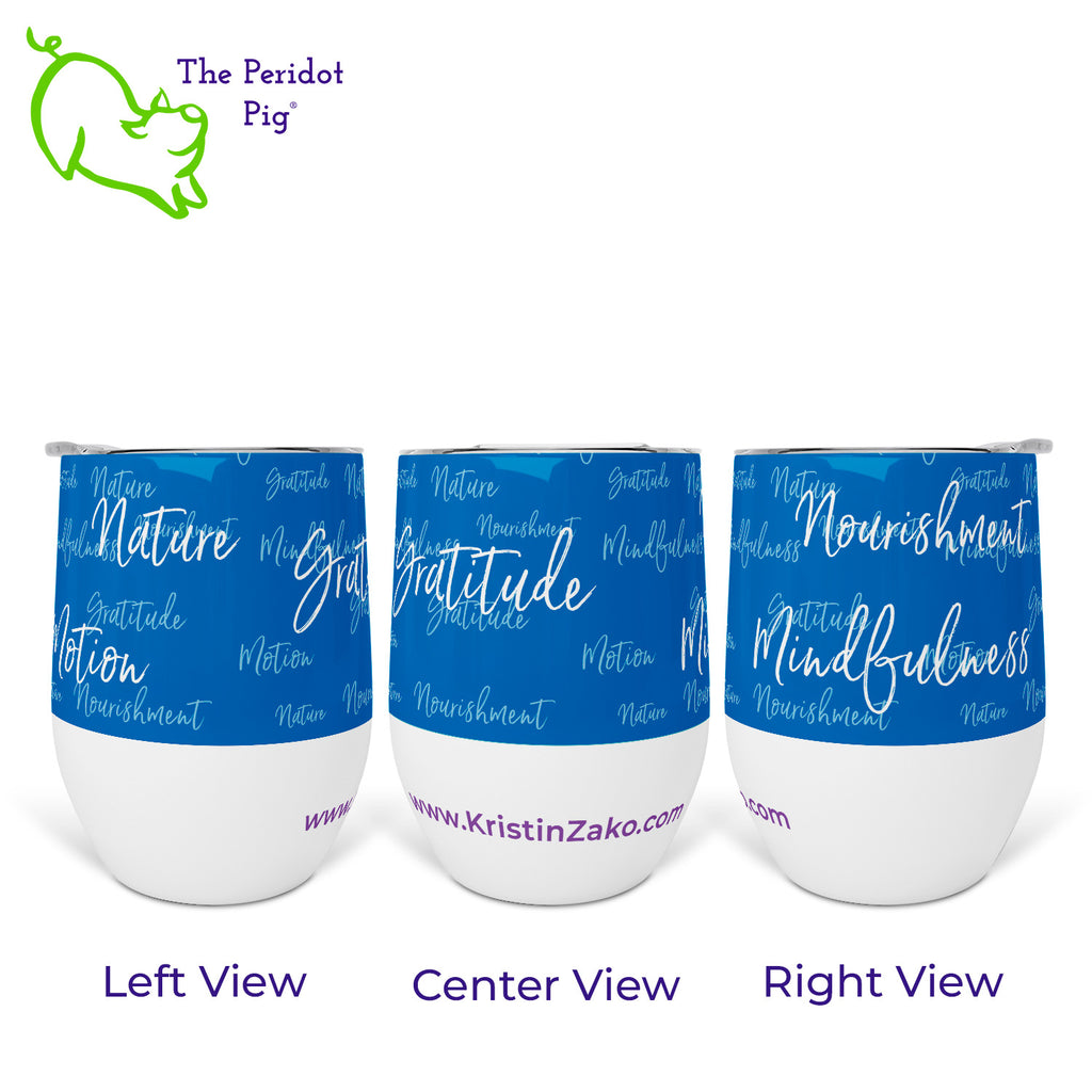 Every now and then, you might need to be grateful for a glass of wine! These tumblers are perfect for sitting out on the porch, in the woods or beside a fire. Printed in vivid color with Kristin Zako's four pillars, they are available in four colors. Shown in Blue.