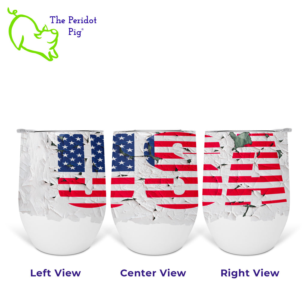 This 12oz wine tumbler is perfect for the summer bar-b-que! Show your patriotic spirit with our new shabby chic wine tumblers. These feature a chipped paint print with USA in a stars and stripes pattern.  Don't worry, the image won't peel off! It's printed in a permanent print that will last a long time. 