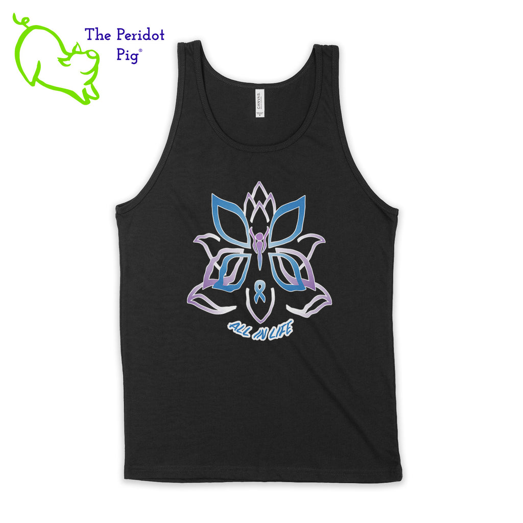 This unisex tank top boasts a nice drape, which is ideal for layering or dealing with the summer heat. The shirt features Kristin Zako's logo on the front in bright blue and purple colors on a white glitter vinyl print. The back is blank. Front view in black.