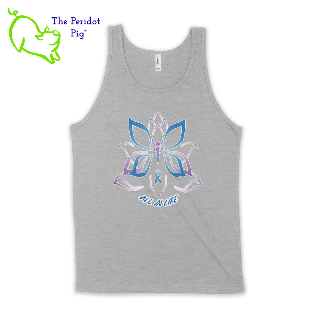 This unisex tank top boasts a nice drape, which is ideal for layering or dealing with the summer heat. The shirt features Kristin Zako's logo on the front in bright blue and purple colors on a white glitter vinyl print. The back is blank. Front view in gray.
