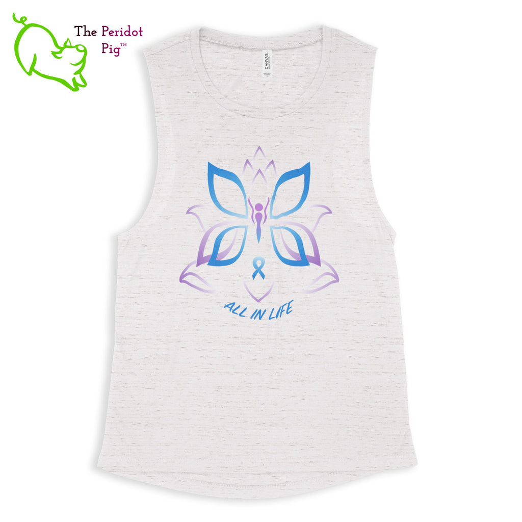 This comfortable muscle tank is soft and flowy with low cut armholes for a relaxed look. The shirt features Kristin Zako's logo on the front in bright blue and purple colors. The back is blank. The print is a translucent, faded "vintage" look due to the blend of the fabric. Front view in White Marble.