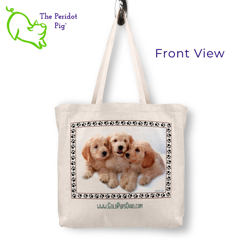 A spacious and trendy tote bag to help you carry around everything while showing off your adorable new puppy. These totes are very sturdy and feature a sublimated print that won't fade or peel over time. Printed in vibrant color with Gold Pups Ohio logo on the front and back sides. Front view shown.