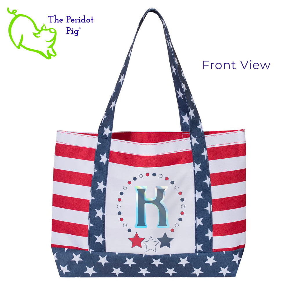 We're still creating totes! We had one glimpse of warm weather and now summer is on the brain. This stars and stripes boating tote is perfect for beach fun or a sweet Mother's Day surprise.  The tote bag made from sturdy 600D Denier polyester with a vivid print that wraps around. We've added a matching monogram and blinged it up a bit with a touch of holographic vinyl on the front pocket. Front view shown with sample monogram.