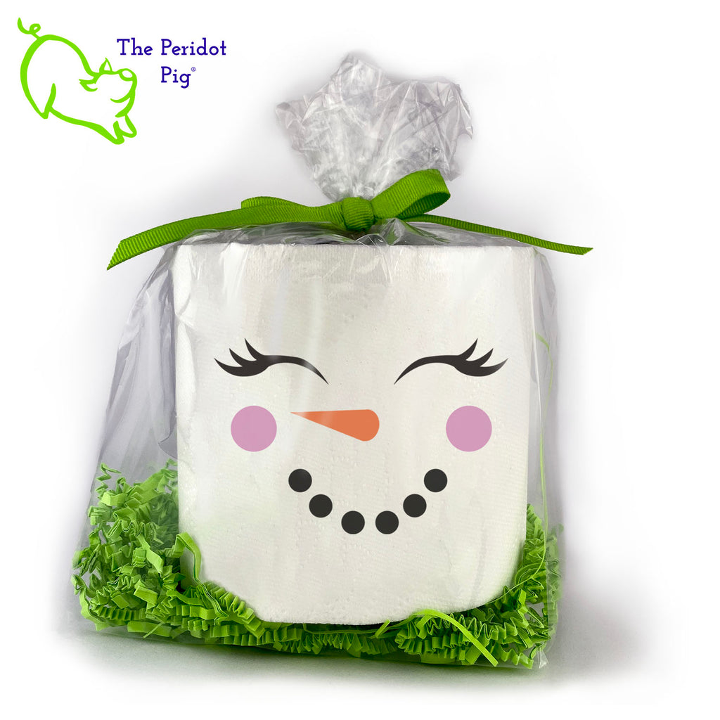 this listing is for a single, high-quality 2-ply toilet paper roll which has been printed in vivid sublimation color. We then wrap it all up with some peridot green crinkle paper and a matching bow. This version has the silhouette of a cute snowman lady with blushing cheeks. Front view shown.