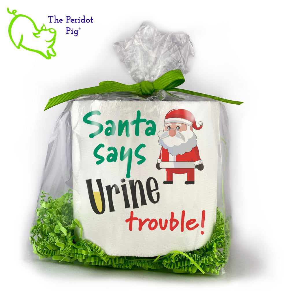 Available with many different sayings, this is high-quality 2-ply toilet paper which has been printed in vivid sublimation color. We then wrap it all up with some peridot green crinkle paper and a matching bow. This version states "Santa says urine trouble" with a grumpy Santa to the side. Get it?? Urine...you're in....the perfect Dad joke of the day! Front view.