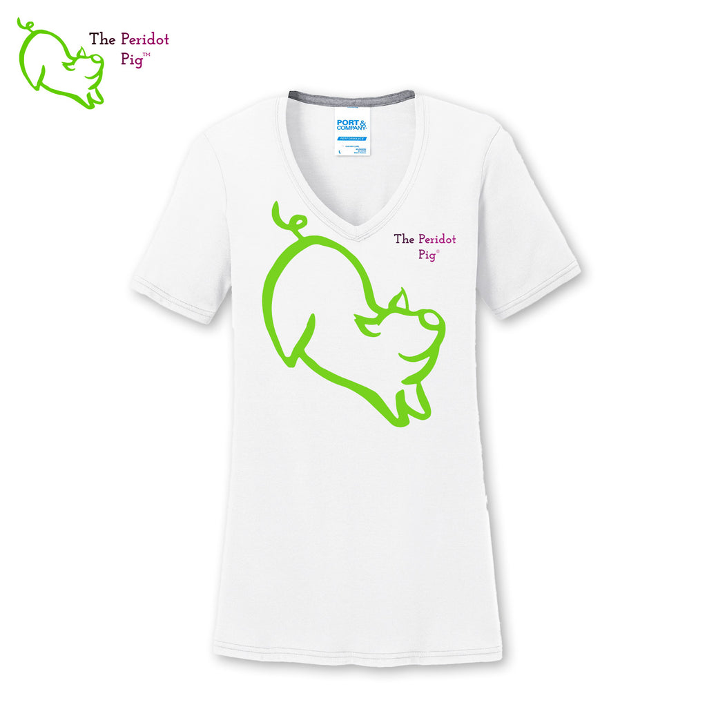 Everyone loves our spritely Peri Pig logo so we made an extra-large version of him on a comfy v-neck t-shirt. These super soft shirts are made from a poly cotton blend that is super soft. The print is a vivid sublimation print that won't crack or fade over time. Front view.