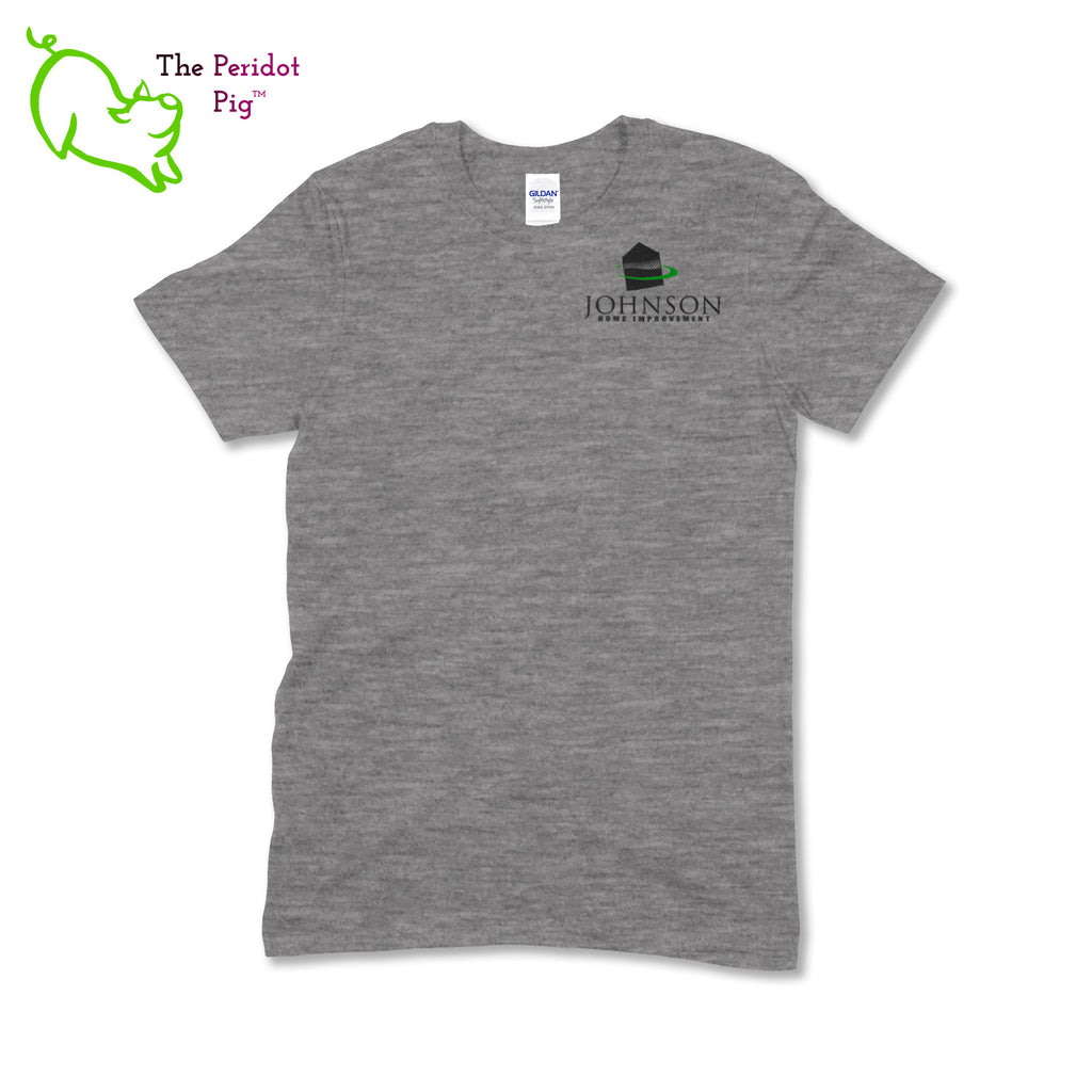 A short sleeve t-shirt featuring the Johnson Home Improvement logo on the left shoulder area. A larger version of the logo is printed on the back. Front view in Graphite Heather..