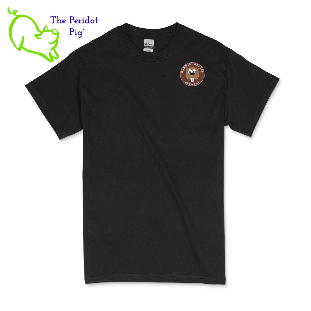 A traditional uni-sex fitting t-shirt. The Bummin' Beaver Brewery logo is on the front and back. Front view in black.