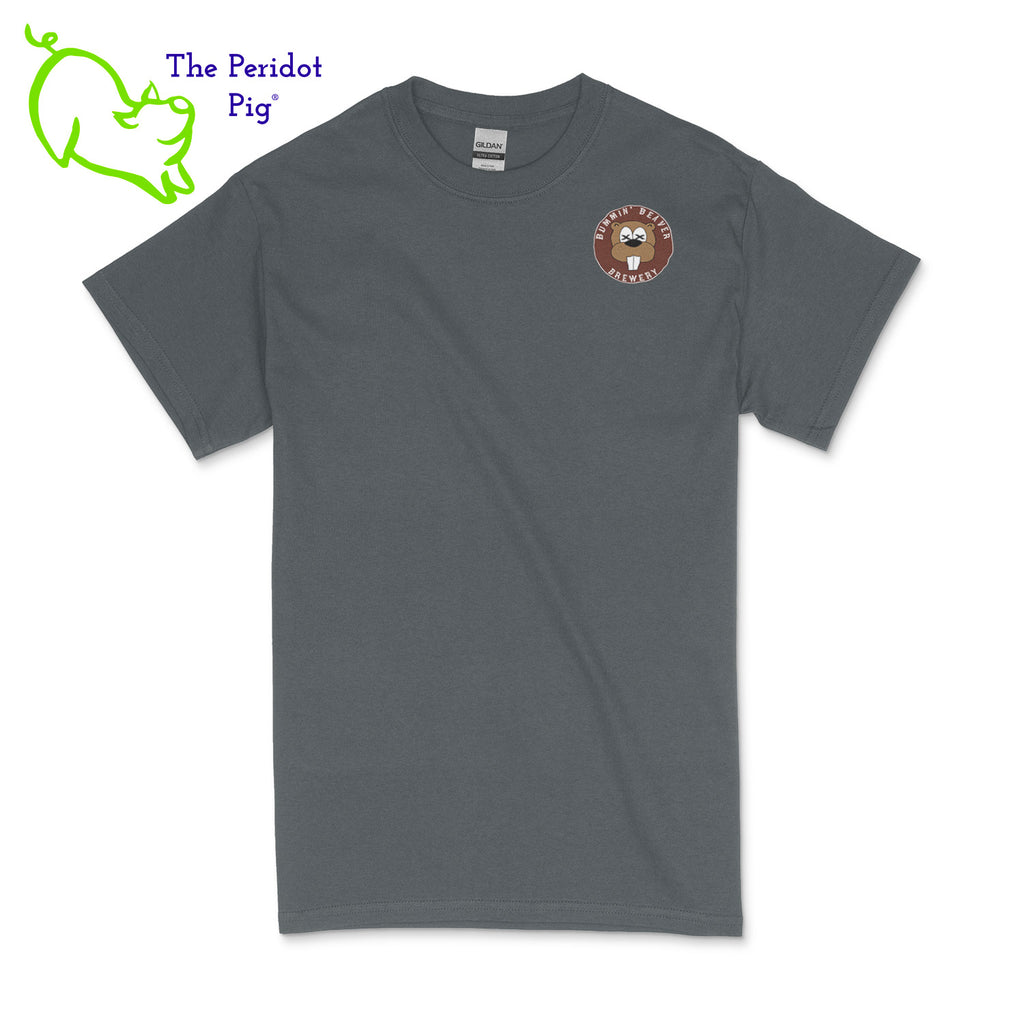 A traditional uni-sex fitting t-shirt. The Bummin' Beaver Brewery logo is on the front and back. Front view in charcoal.