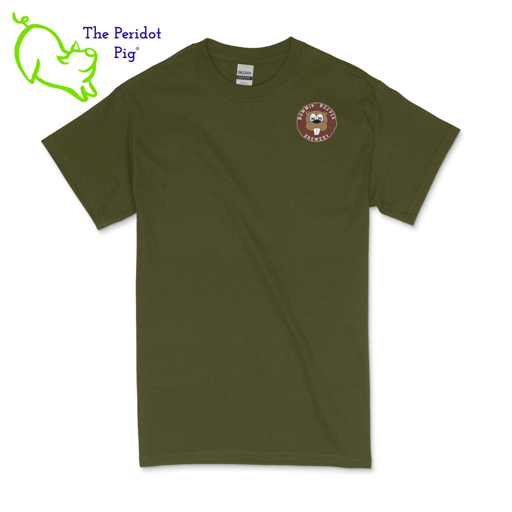 A traditional uni-sex fitting t-shirt. The Bummin' Beaver Brewery logo is on the front and back. Front view in military green.