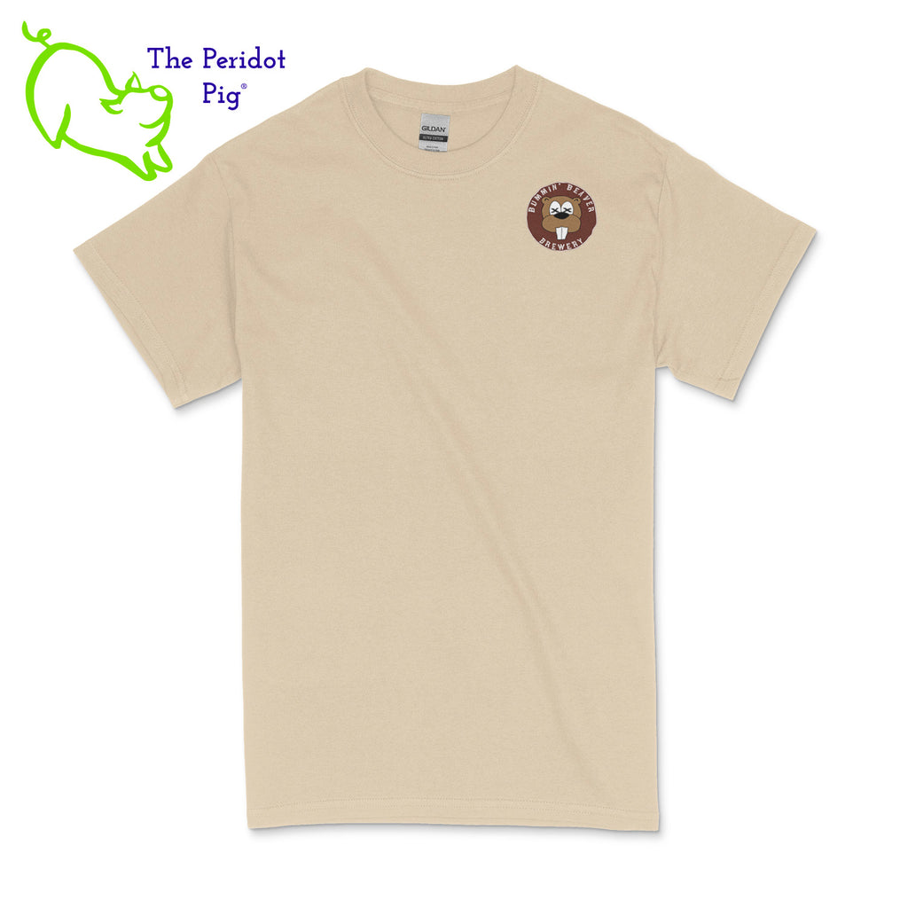 A traditional uni-sex fitting t-shirt. The Bummin' Beaver Brewery logo is on the front and back. Front view in sand.