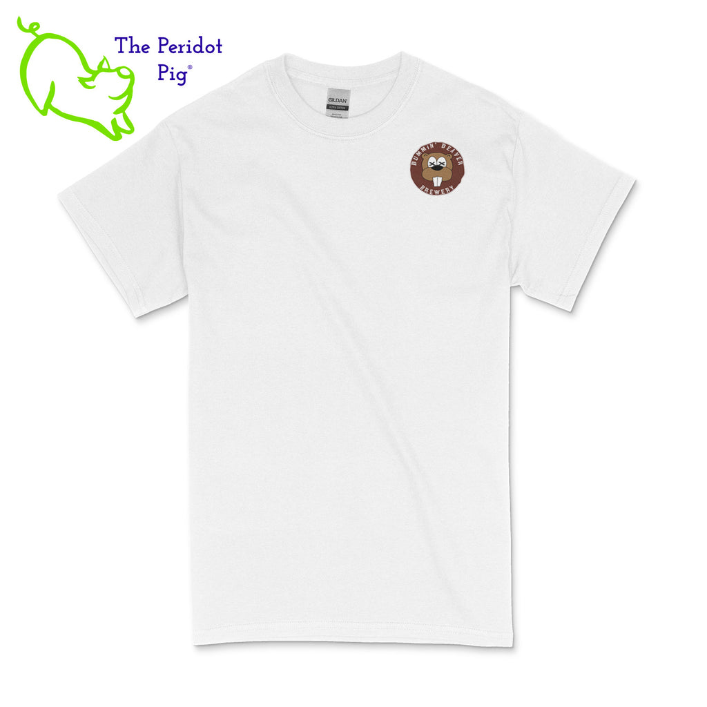 A traditional uni-sex fitting t-shirt. The Bummin' Beaver Brewery logo is on the front and back. Front view in white.