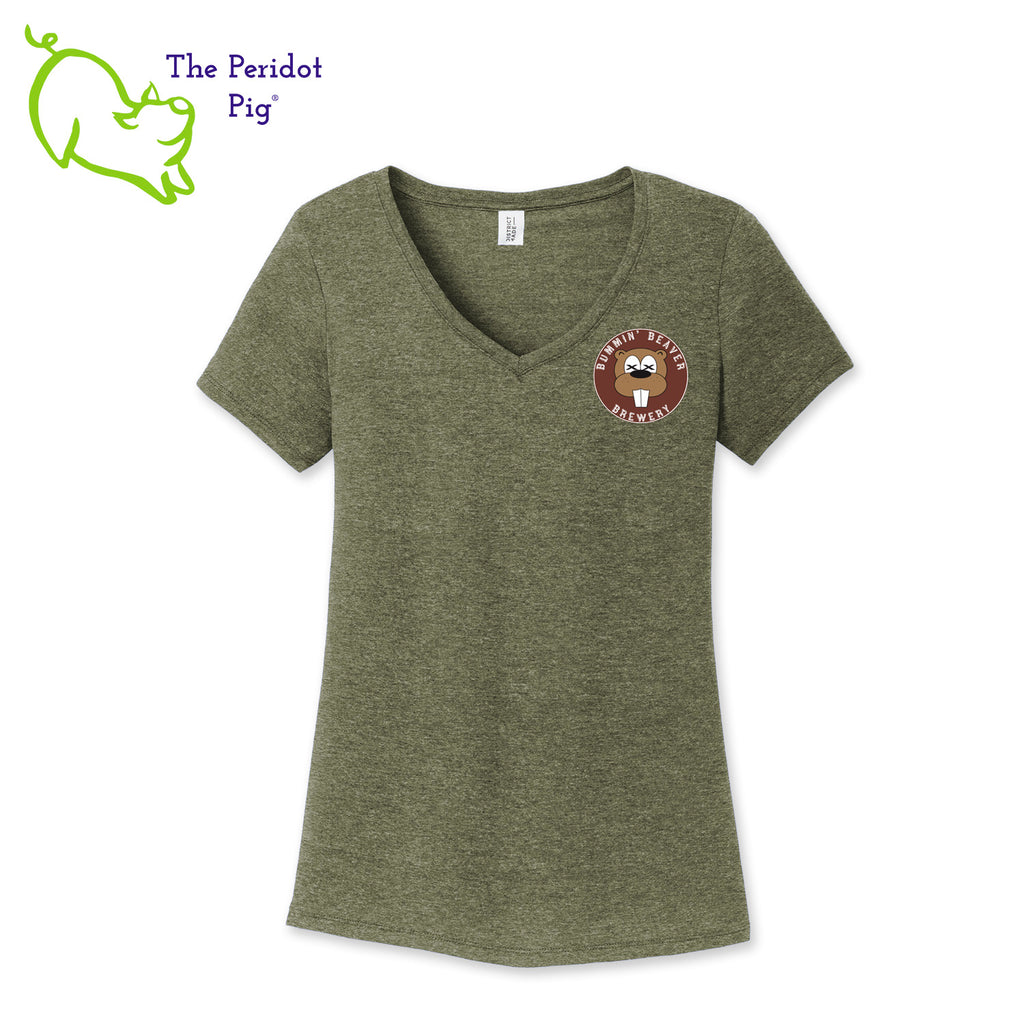 These t-shirts have a great weight and a super, soft feel. Made with a flattering v-neck, taped seams and a loose cut. The front features the Bummin' Beaver Brewery logo and the back has the words, "Bummin' Beaver Brewery" in their woodsy font. Front view shown in Military Green Frost.