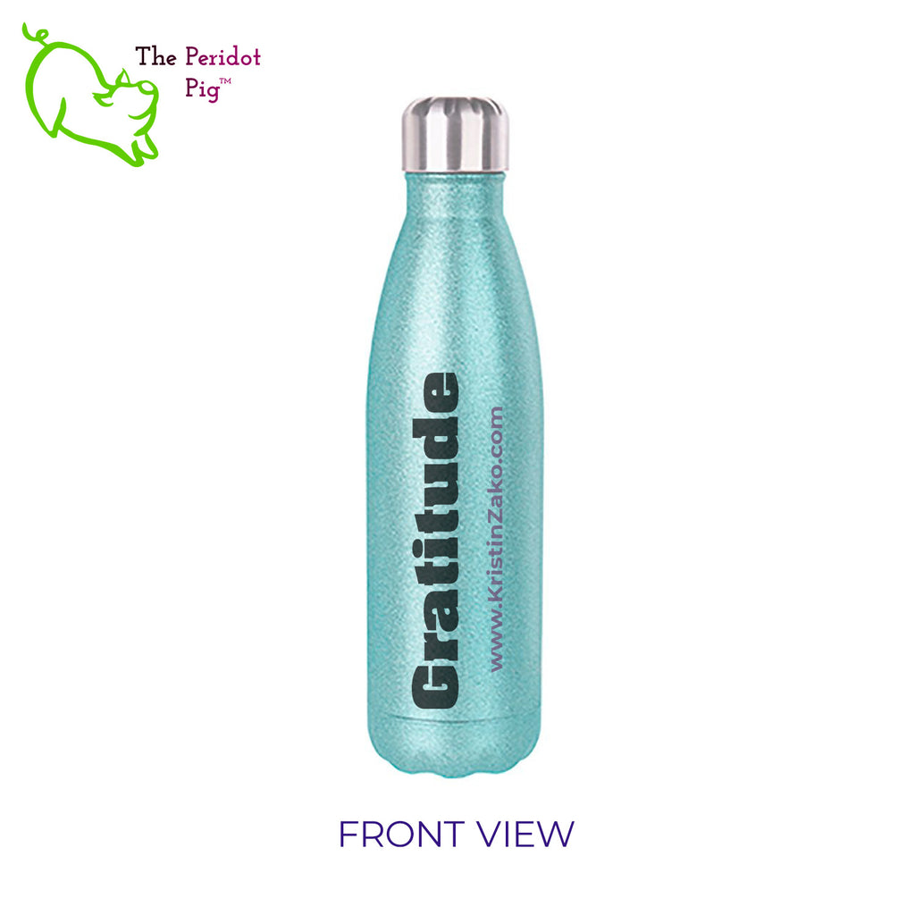 This 17 oz glitter cola-shaped water bottle features the word "Gratitude" in bold black lettering on both front and back. It has a screw top with a replaceable gasket and easily fits in cupholders or your backpack. Front view showing turquoise.