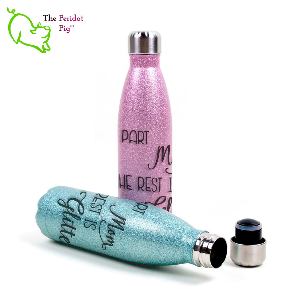 his 17oz bottle is a great accessory. It has a screw top with a replaceable gasket and easily fits in cupholders or your backpack. The glitter is sealed in a polymer coating that won't leave flakes everywhere but you still get a great sparkle! Pink and Turquoise view, Mom selection.