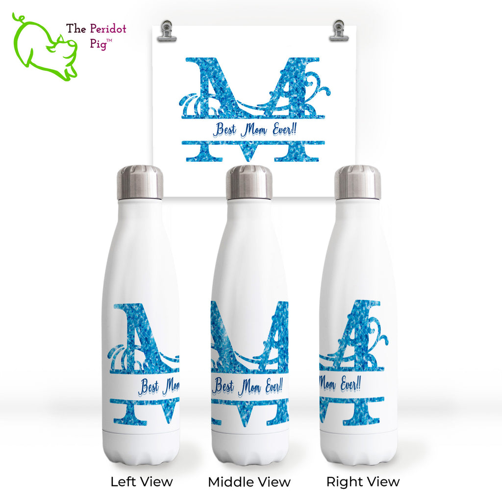 We think these glossy, white water bottles with a caribbean blue water monogram are a treat! You can personalize with a monogram of your choice and then add a name or short phrase in the customization area. Show with sample text of "Best Mom Ever!".
