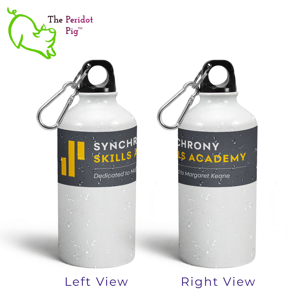 We think these glossy, white canteens are a great addition for any hiker or student. It has a screw top with a replaceable gasket and a carabiner to attach to your backpack. Perfect for kids or adults on the go. This canteen features a Synchrony Skills Academy logo that wrap around the bottle.
