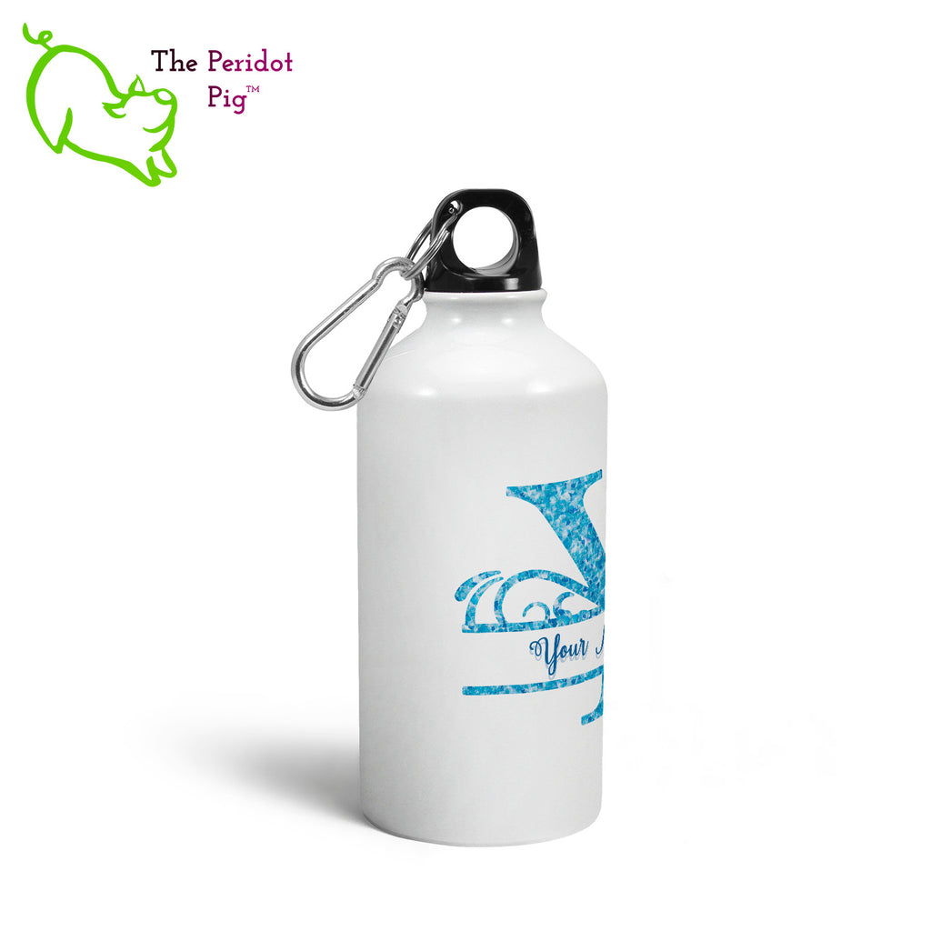 We think these glossy, white canteens with a caribbean blue water monogram are a treat! It has a screw top with a replaceable gasket and a carabiner to attach to your backpack. Left view.