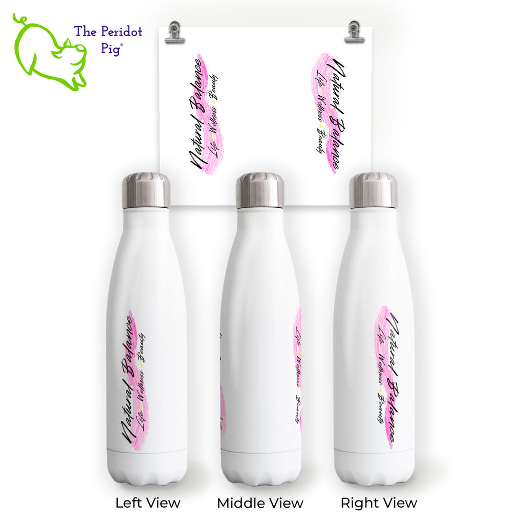 A colorful, bright pink Coach Michele Natural Balance logo adorns these shiny white cola style water bottles. Perfect for both hot and cold beverages. These are a permanent sublimation print so you don't have to worry about the image peeling or fading over time.