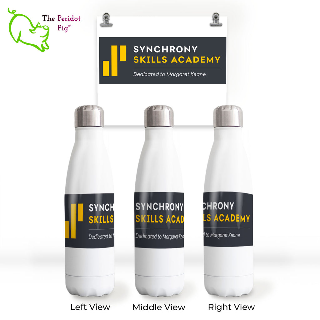 We think these glossy, white water bottles are a treat! They have a permanent sublimation print so you don't have to worry about the image peeling or fading over time. This model features the Synchrony Skills Academy logo.