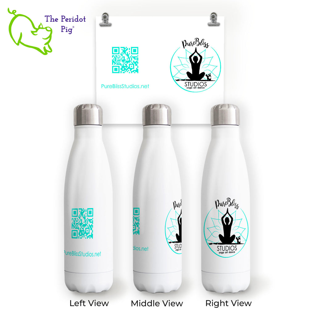 A colorful, bright turquoise and black PureBliss Studios adorns these shiny white cola style water bottles. Perfect for both hot and cold beverages. These are a permanent sublimation print so you don't have to worry about the image peeling or fading over time.
