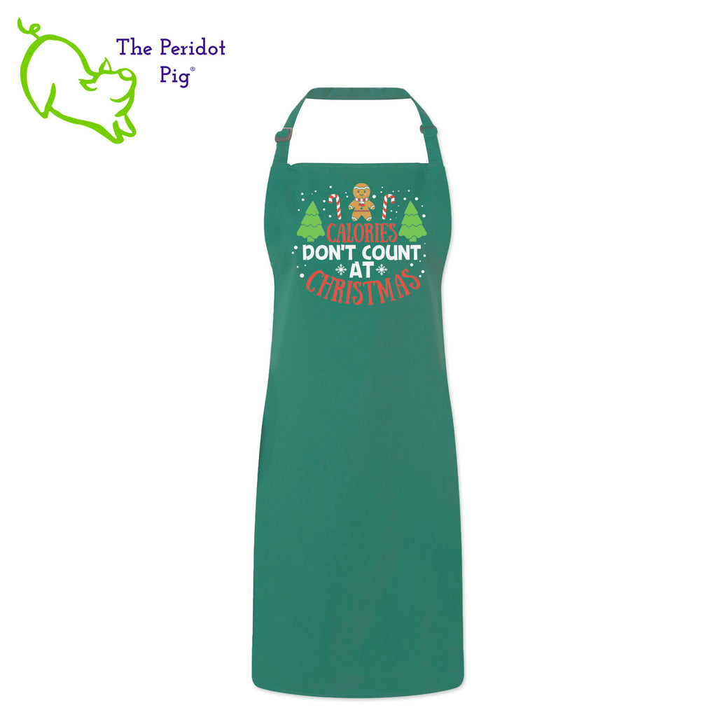 Calories don't count for free food and at Christmas. That's my story and I'm sticking to it! If you abide by this rule, here's the perfect apron for you.  The front says, "Calories don't count at Christmas" in bright festive colors. There are trees, candy canes, a gingerbread man and snow flakes to round out the design. Front view shown in Green.