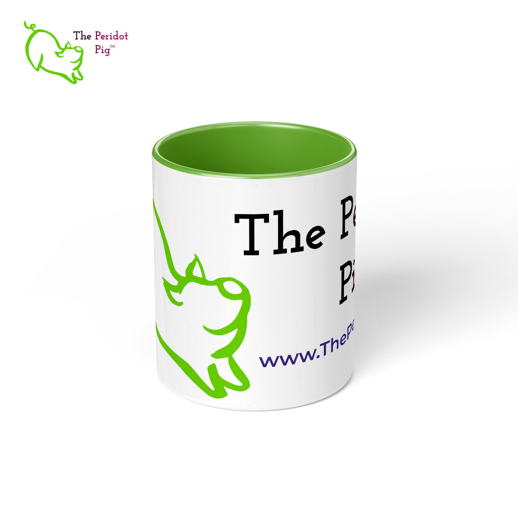 The Peridot Pig Logo Mug with green interior and handle. Center view