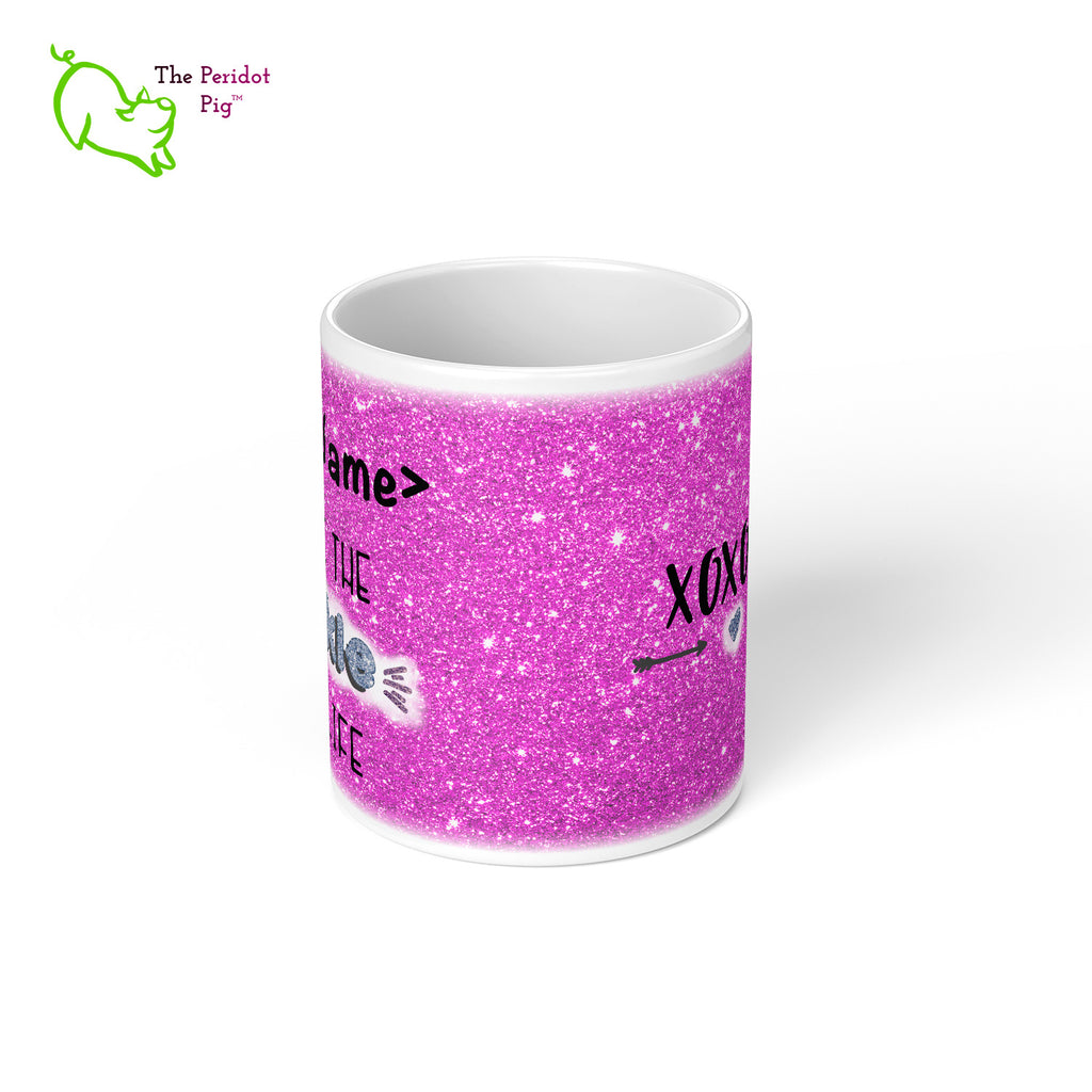 These shiny white gloss mugs feature a detailed, sparkly print that can be customized for that special glitter person in your life. Available in six different colors if you're not into pink, sparkling things. On the back, it has a simple XOXOXO (hugs and kisses). Purple center view.