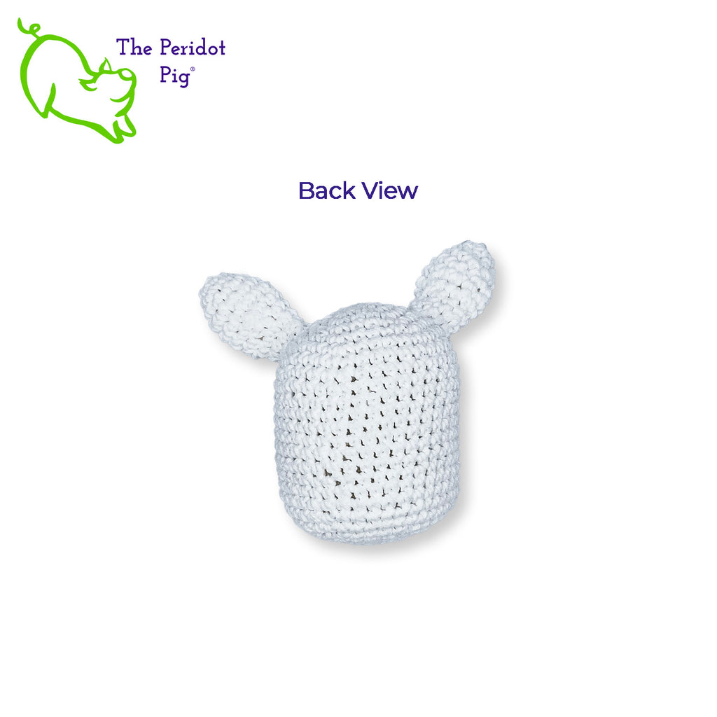 Thus began the downward spiral into the rabbit hole of crochet amigurumi...appropriately a little stylized bunny! He's kinda cute with his little pink stitched nose. Our bunny is made from 100% cotton yarn with black plastic safety eyes. Back view shown.