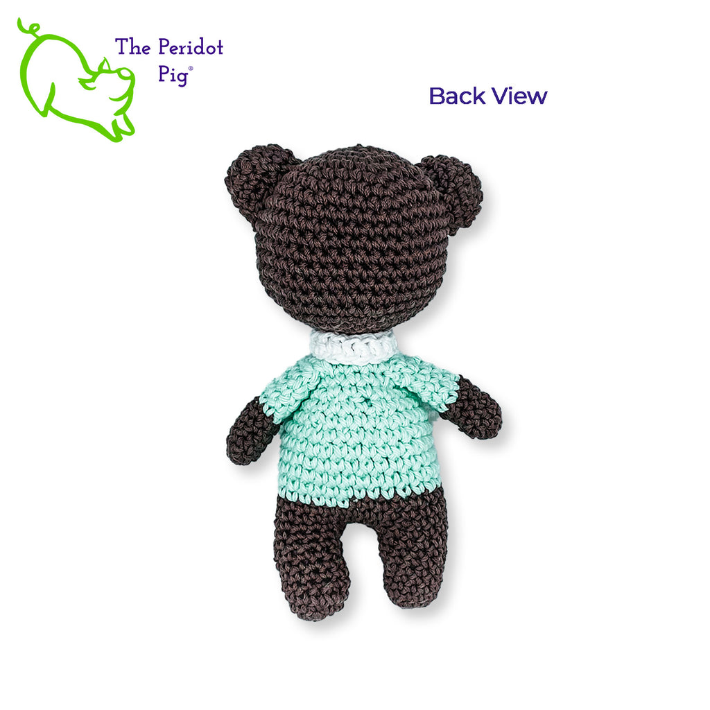 This little bear is the cutest and would be perfect to include in an Easter basket, birthday present or as a stocking stuffer. He's hand crocheted out of soft cotton and will last a lifetime. His cute little scarf is tacked on in the back so it won't get lost. Back view shown.