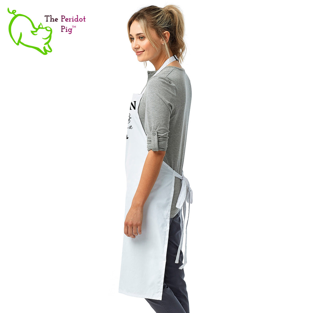 Sometimes you just need to let your family or guests know what they're dealing with. In this case, the apron says "Kitchen Dinner Choices, take it or leave it".  Perfect for the cook that is a bit tired of picky eaters! Side view in White..