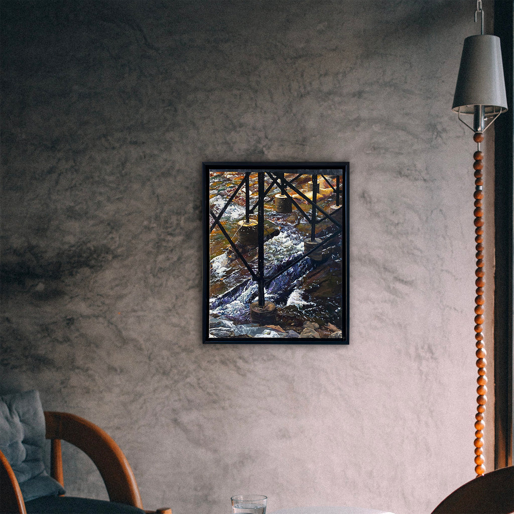 An original oil painting by artist C. Lynn Arnold (signed "LYNZ").  A painting depicting a structural view against a backdrop of a busy creek in South Georgia. Mockup view of the painting on a wall.
