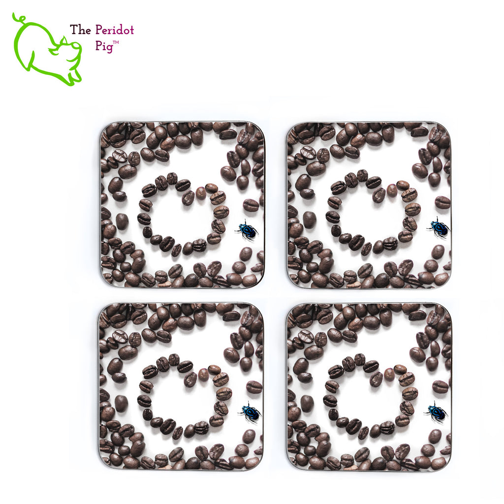 This set of four square coasters is printed with a vivid, detailed image of coffee beans. There's a heart in the middle and a little blue beetle off to the right side. The coasters are printed in a durable ink that won't fade over time. Perfect for both hot and cold beverages. Shown laid in a 2 x 2 grid.