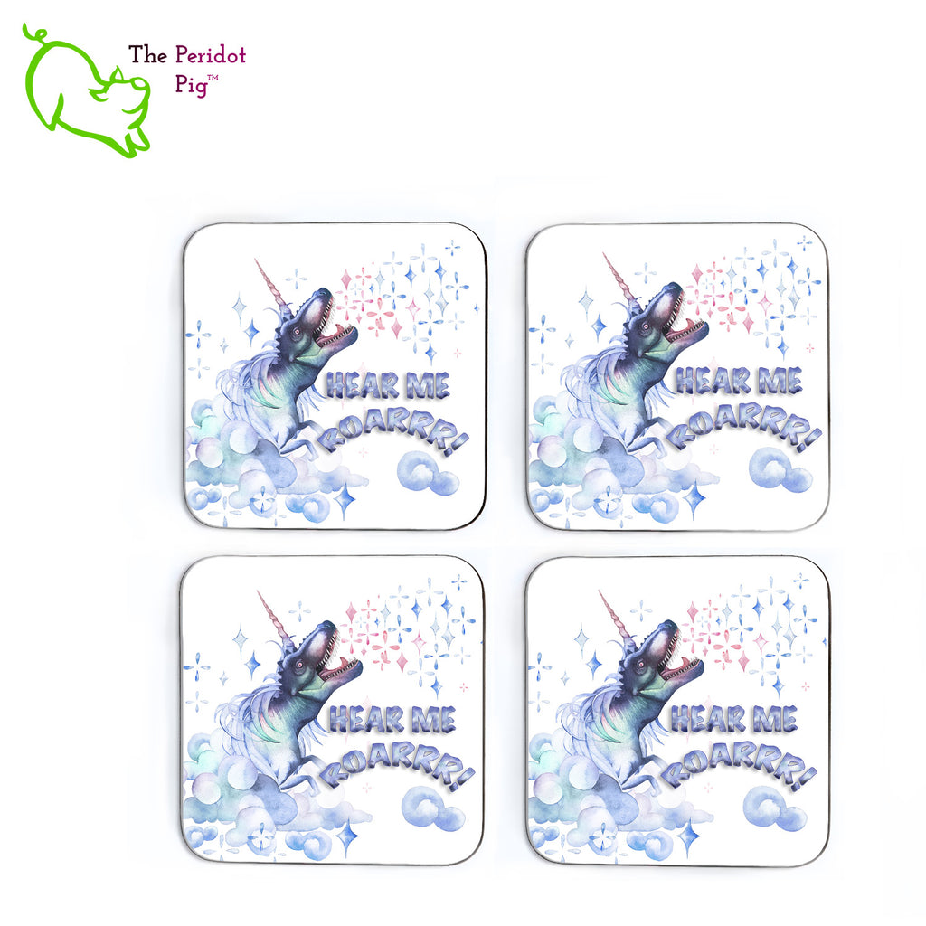 This set of four square coasters is printed in bright colors on either a matte or a gloss coaster. They say "hear me roar" in bright watercolor print. The coasters are printed in a durable ink that won't fade over time. Four shown side by side