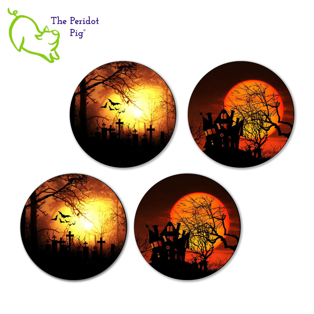 Just in time for Halloween! This set of four round coasters have a creepy graveyard scenes that invoke the Halloween spirit. There are two of each design. They are printed in a permanent ink that won't fade under hot or cold beverages. All four shown.