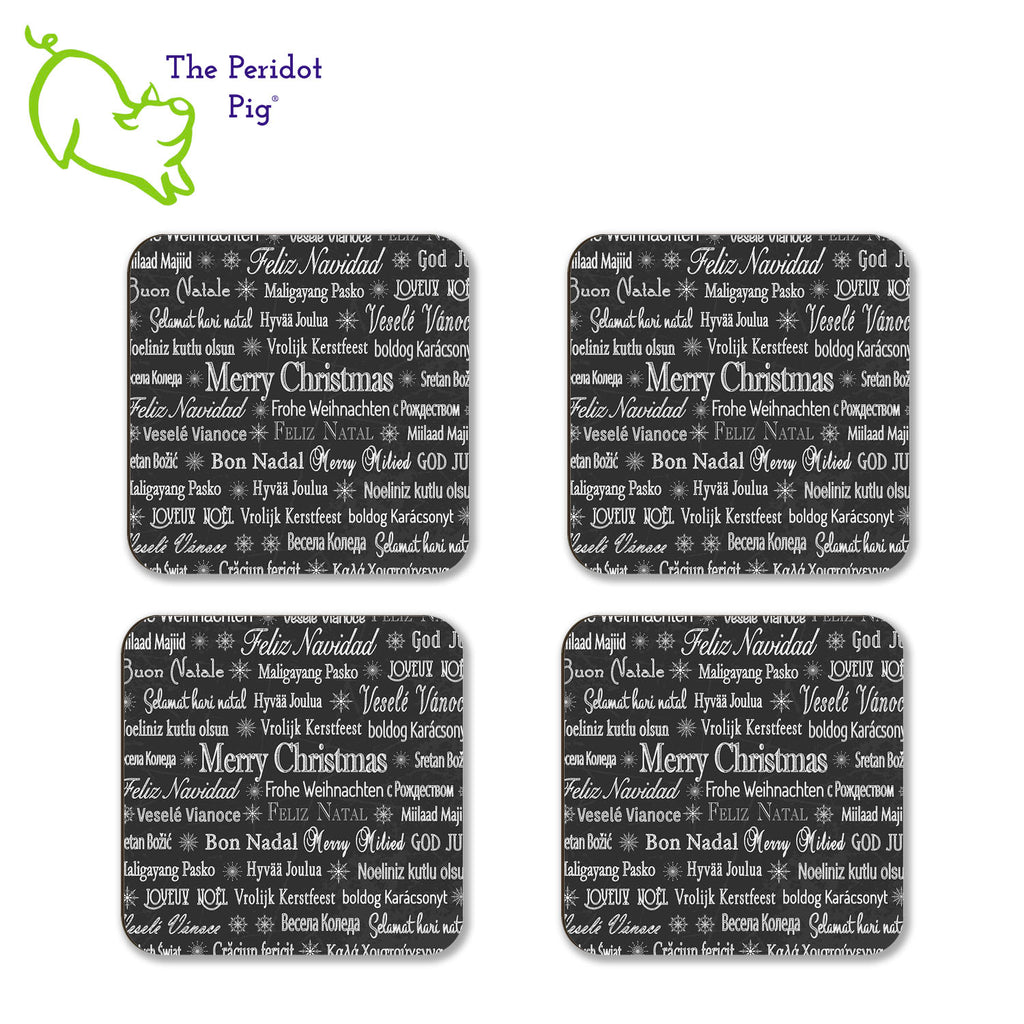 Have a Merry Christmas no matter where you are or where you're from! This set of four coasters is printed in bright colors on either a matte or a gloss coaster. They say, "Merry Christmas" in multiple languages. The coasters are printed in a durable ink that won't fade over time. Perfect for both hot and cold beverages. Available in gloss or matte finish. You can choose a mix of the four colors, red/green, or all four in a single color. Black shown in a flat lay of four.