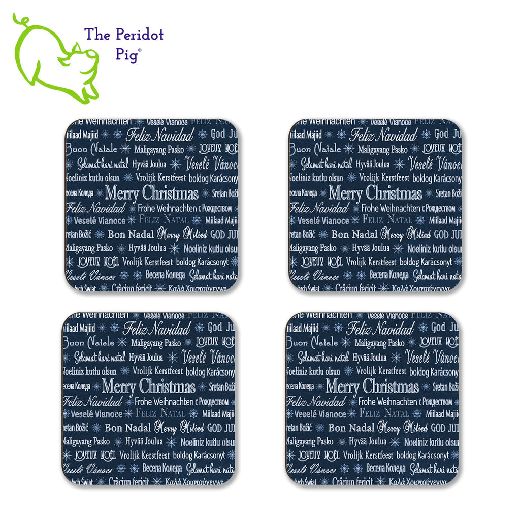 Have a Merry Christmas no matter where you are or where you're from! This set of four coasters is printed in bright colors on either a matte or a gloss coaster. They say, "Merry Christmas" in multiple languages. The coasters are printed in a durable ink that won't fade over time. Perfect for both hot and cold beverages. Available in gloss or matte finish. You can choose a mix of the four colors, red/green, or all four in a single color. Blue shown in a flat lay of four.