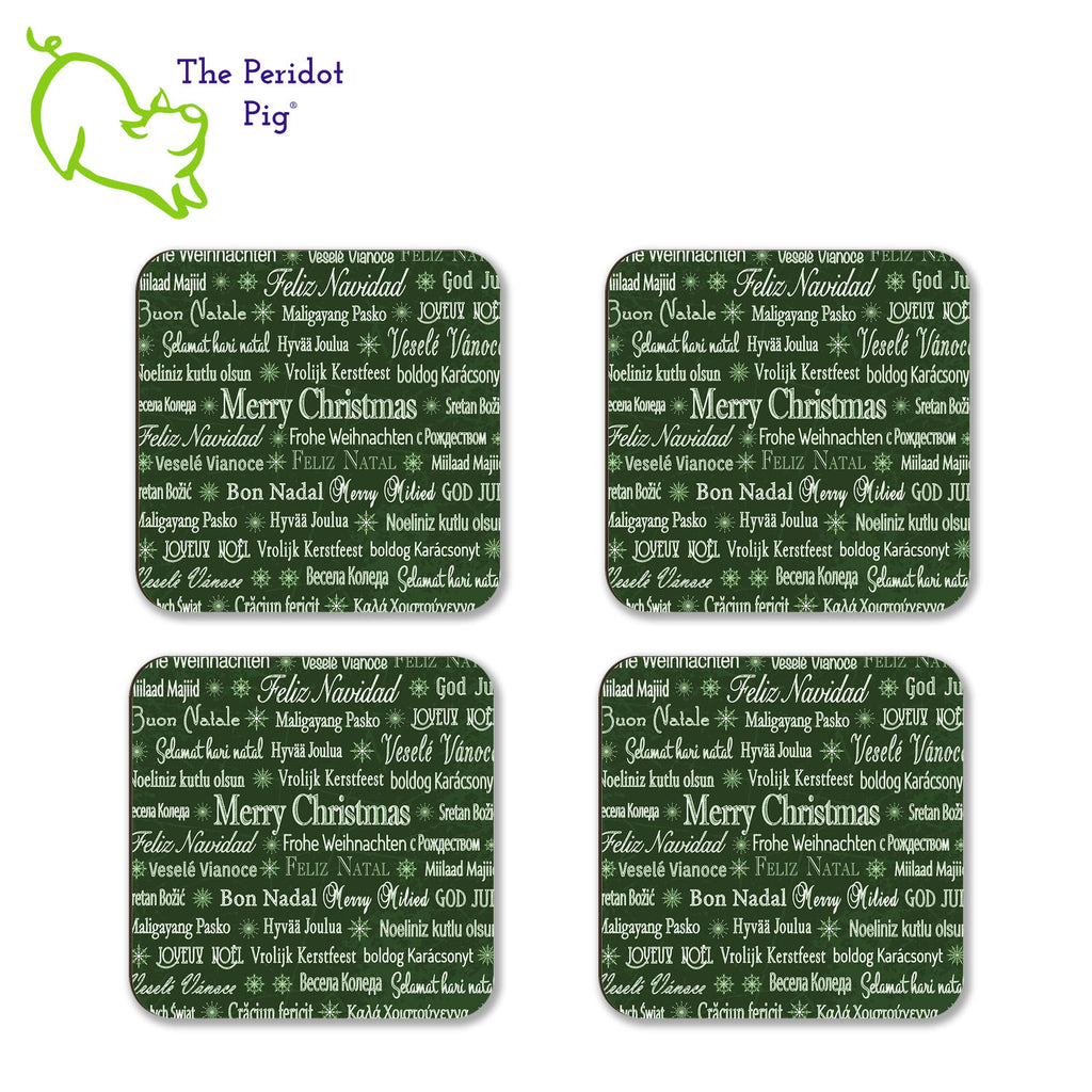 Have a Merry Christmas no matter where you are or where you're from! This set of four coasters is printed in bright colors on either a matte or a gloss coaster. They say, "Merry Christmas" in multiple languages. The coasters are printed in a durable ink that won't fade over time. Perfect for both hot and cold beverages. Available in gloss or matte finish. You can choose a mix of the four colors, red/green, or all four in a single color. Green shown in a flat lay of four.
