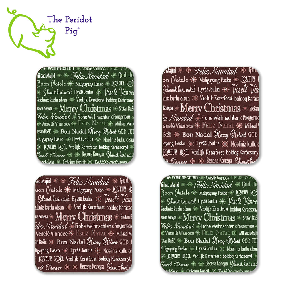 Have a Merry Christmas no matter where you are or where you're from! This set of four coasters is printed in bright colors on either a matte or a gloss coaster. They say, "Merry Christmas" in multiple languages. The coasters are printed in a durable ink that won't fade over time. Perfect for both hot and cold beverages. Available in gloss or matte finish. You can choose a mix of the four colors, red/green, or all four in a single color. Red & green shown in a flat lay of four.