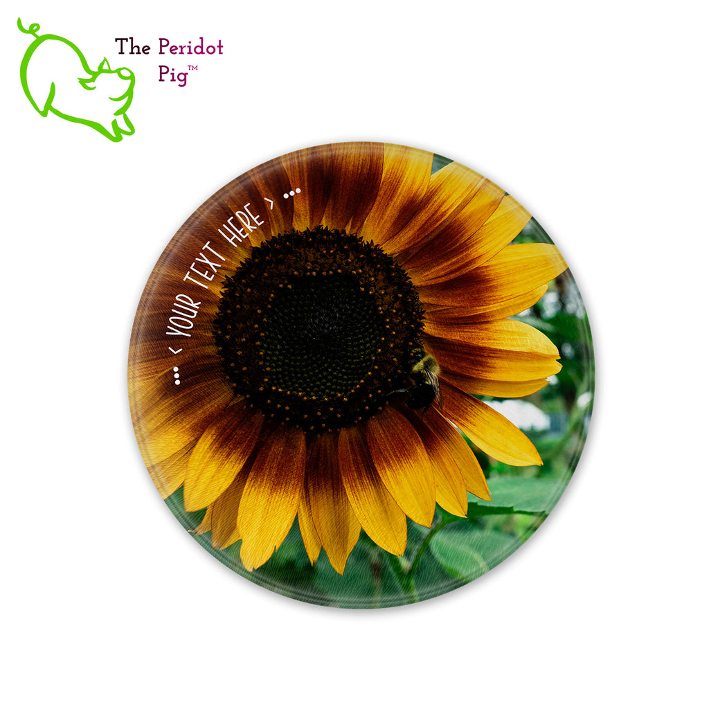 This beautiful tempered glass cutting board is a wonderful keepsake!  It can be personalized with names, quotes or dates. This one features a bright yellow sunflower with a cute little honey bee in a vivid and detailed print. Perfect for cutting or using as a serving board! Front view without highlights.