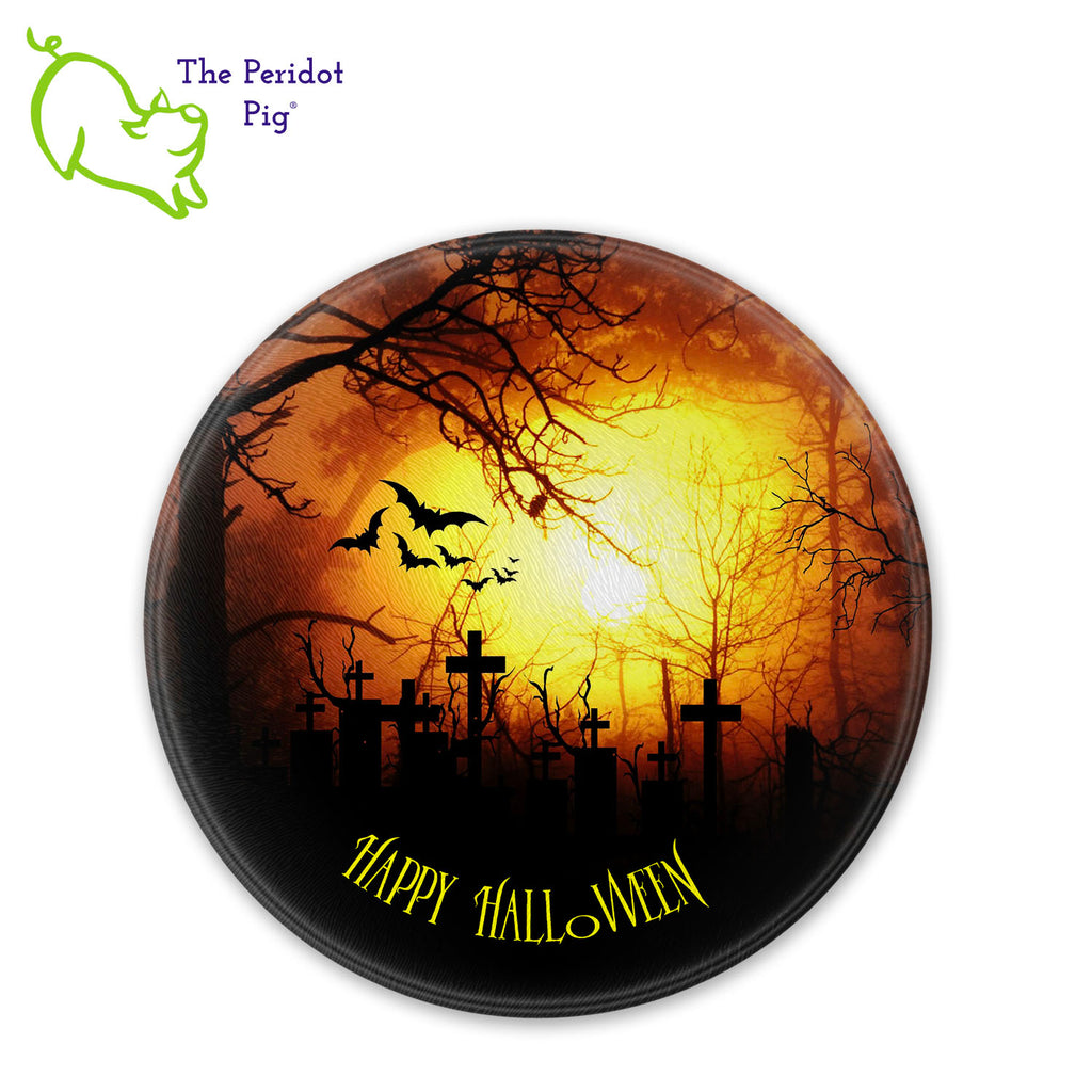 How about a Halloween cutting board for your next party? These make a perfect birthday, holiday or house warming gift! We've designed these with a dark graveyard scene. "Happy Halloween" is printed in a bright orange. They are printed in permanent sublimation colors that are vivid and bright. 12" round version shown.